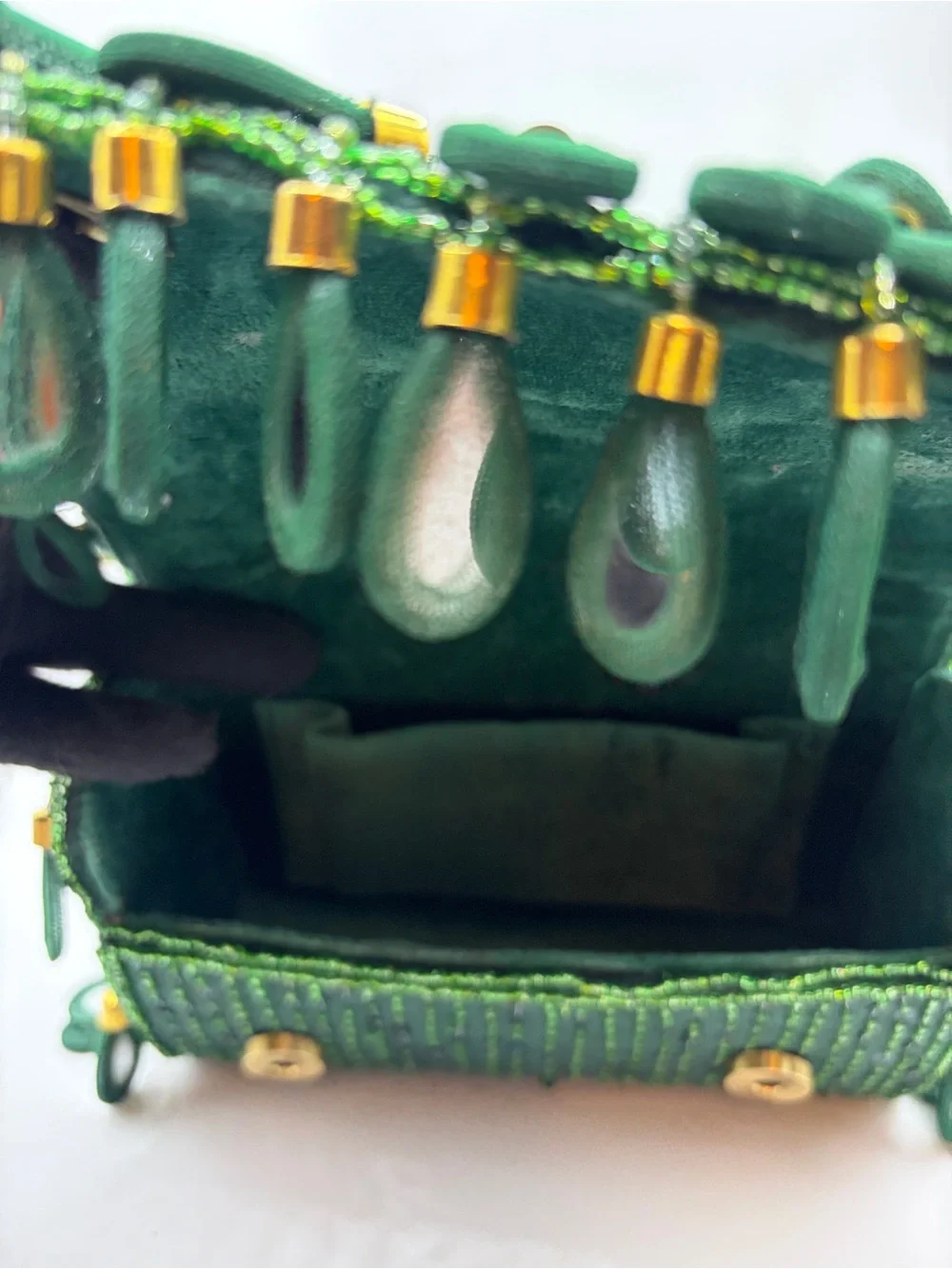 Green Beaded Mirror Glass Teardrop Fringe Shoulder Bag